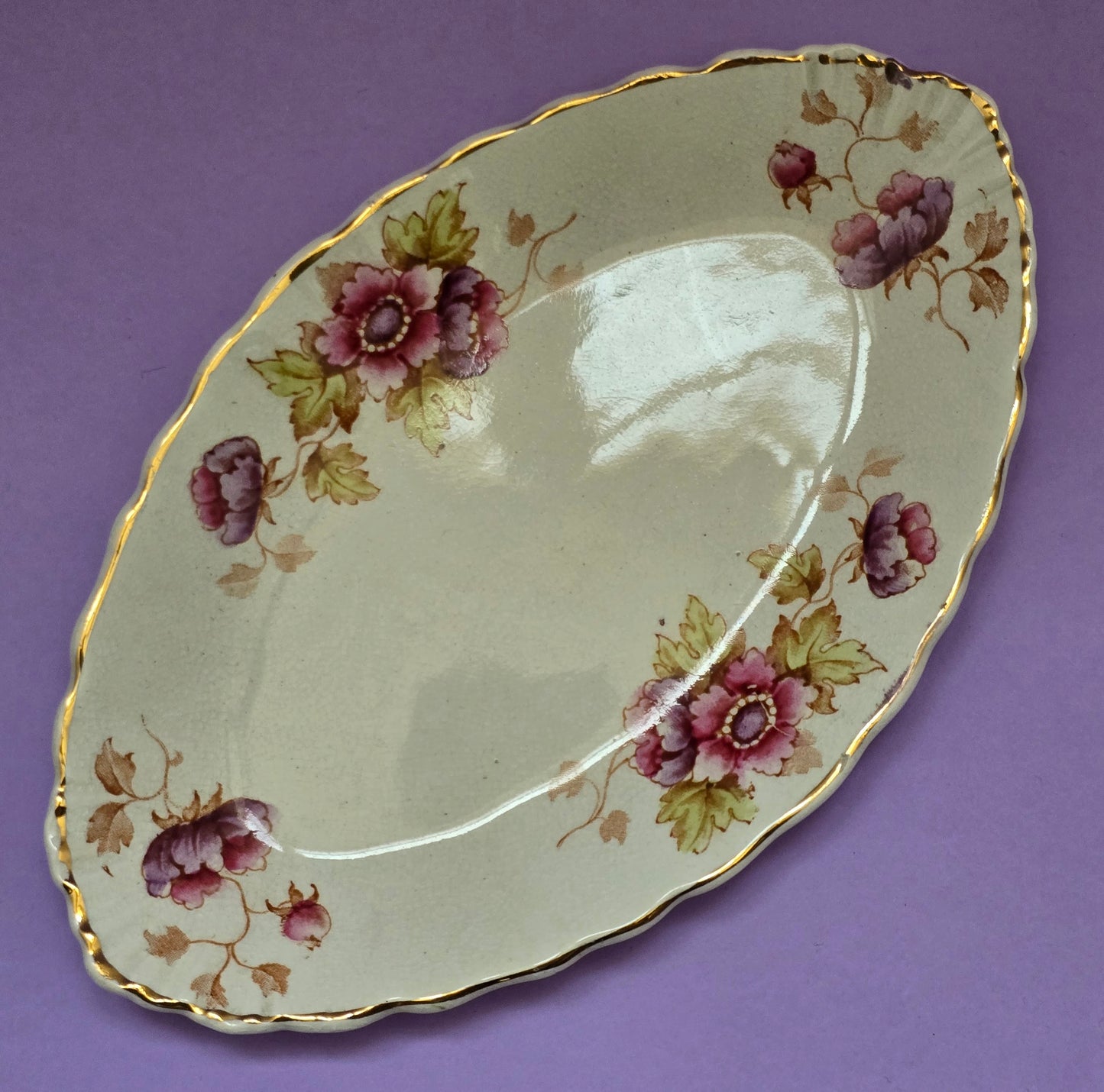 Antique English Oval Relish Dish, Anemone Floral, attr. Devon, c.1900