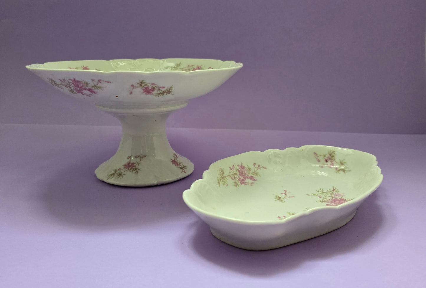 Antique Limoges Porcelain Oval Serving Dish, Pink Floral, c.1900