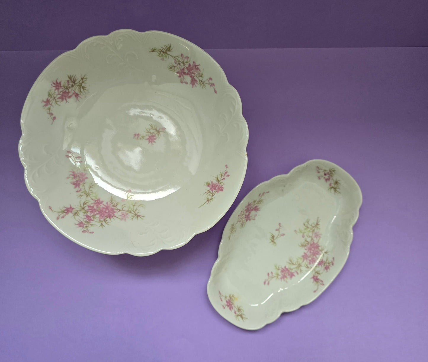 Antique Limoges Porcelain Oval Serving Dish, Pink Floral, c.1900