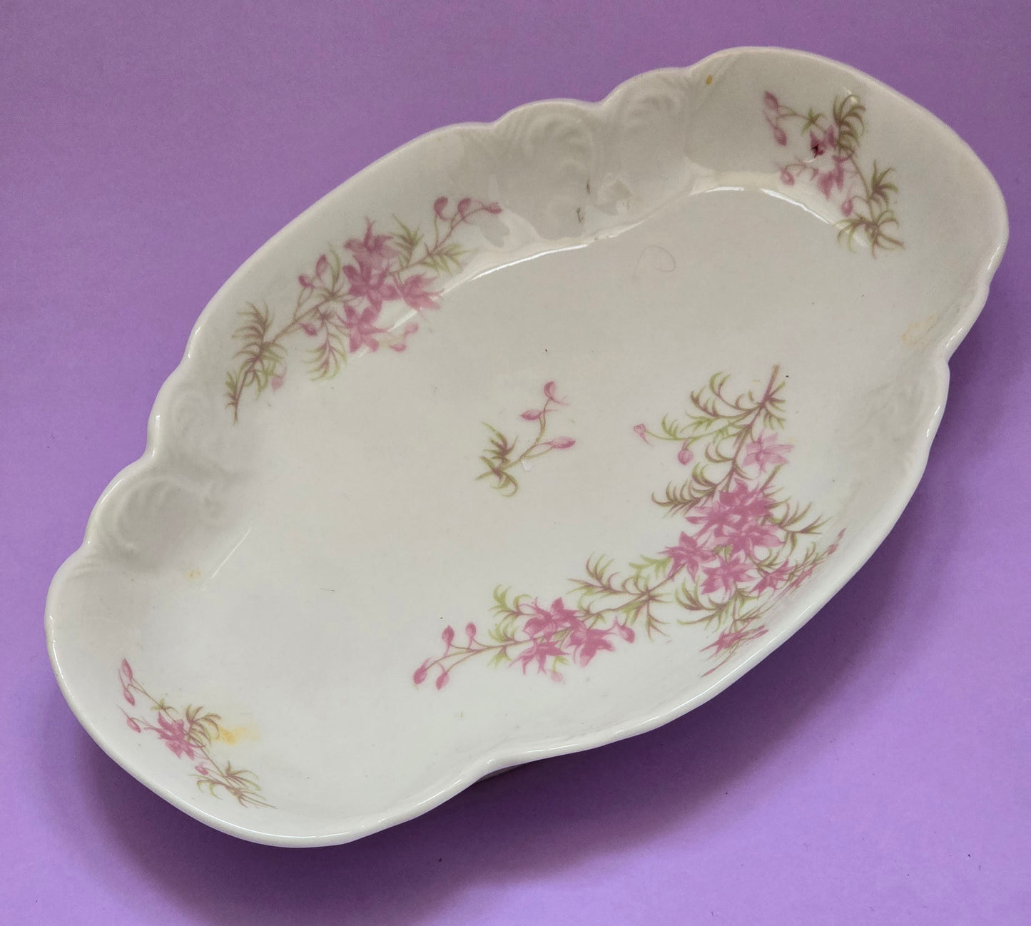 Antique Limoges Porcelain Oval Serving Dish, Pink Floral, c.1900