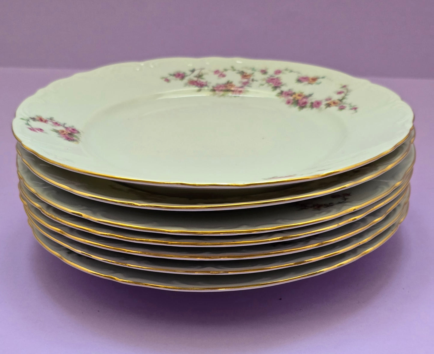 MZ Czechoslovakia Rose Garland Cake Plates — Set of 7, 1930s