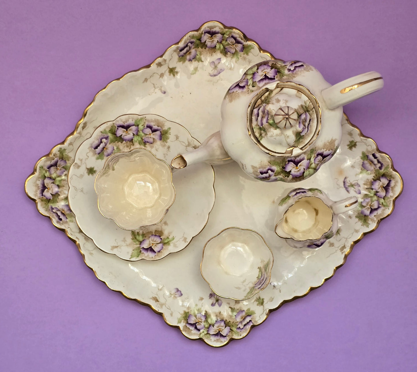 Chapman England Violet Tea Set for One — c.1900 Staffordshire