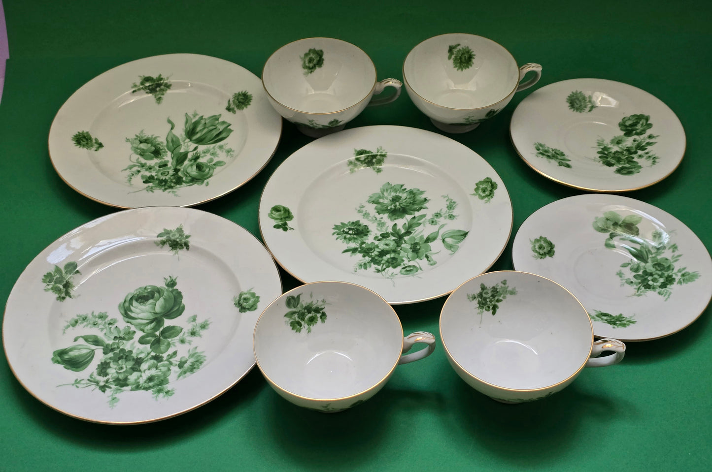 Antique Green Floral Porcelain Dessert Service — Austria c.1880-1910