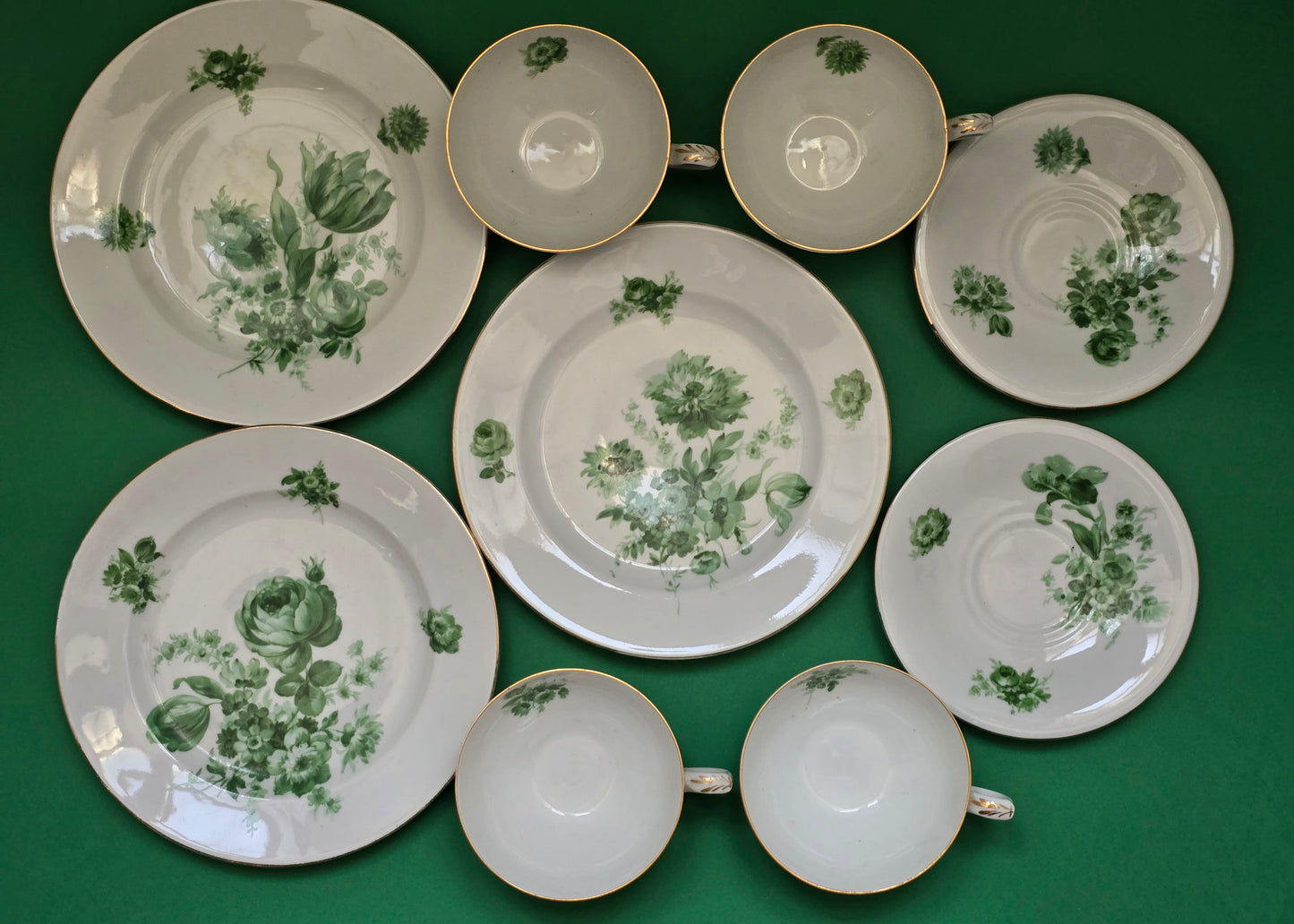 Antique Green Floral Porcelain Dessert Service — Austria c.1880-1910