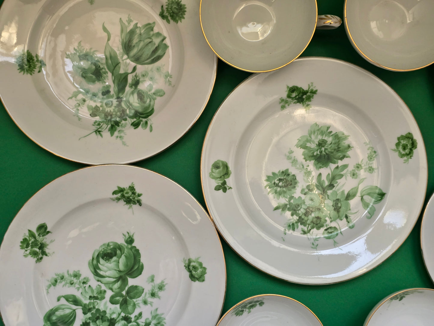Antique Green Floral Porcelain Dessert Service — Austria c.1880-1910