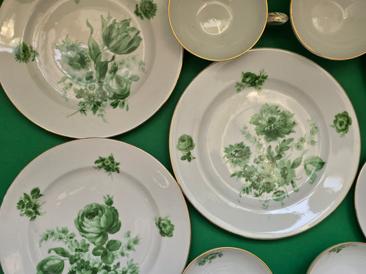 Antique Green Floral Porcelain Dessert Service — Austria c.1880-1910