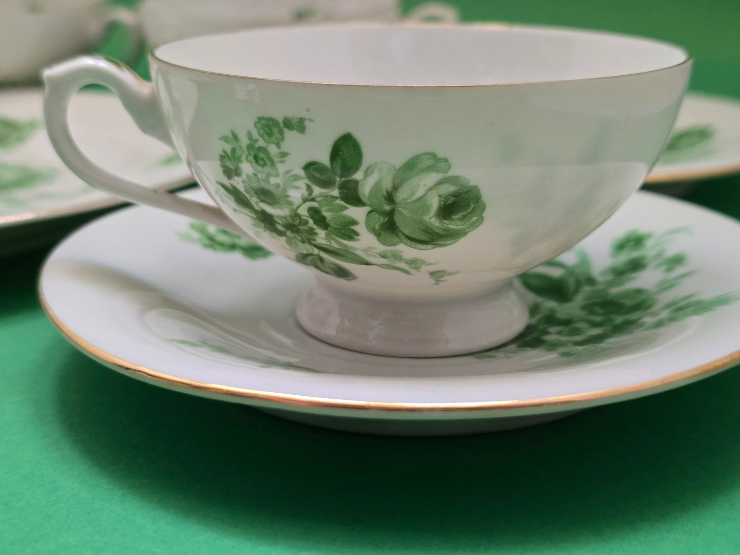 Antique Green Floral Porcelain Dessert Service — Austria c.1880-1910
