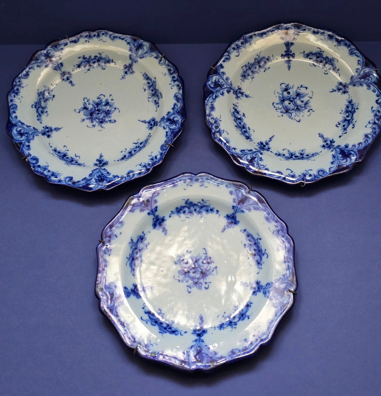 Set of 3 Antique Portuguese Hand-Painted Blue & White Plates