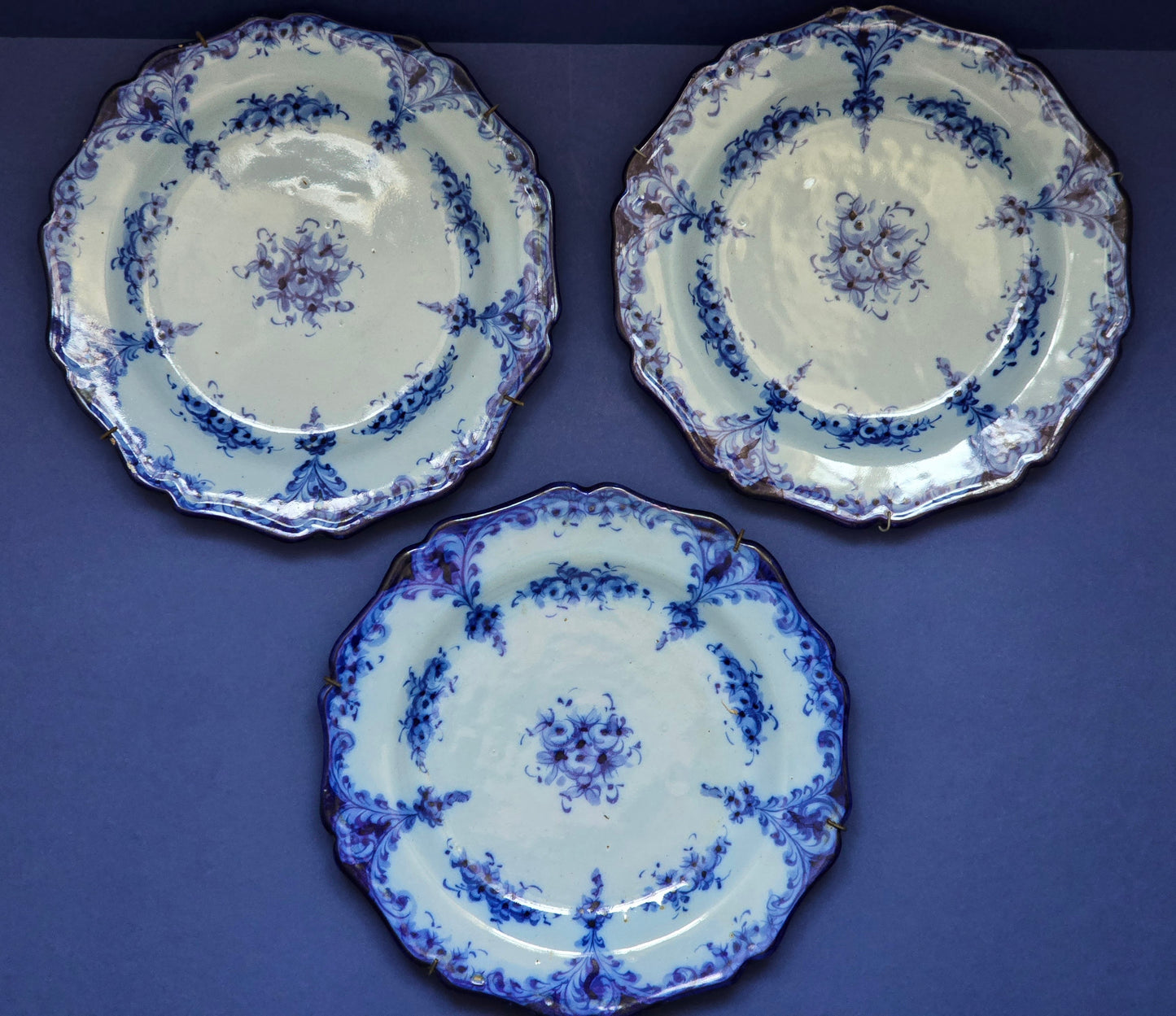 Set of 3 Antique Portuguese Hand-Painted Blue & White Plates