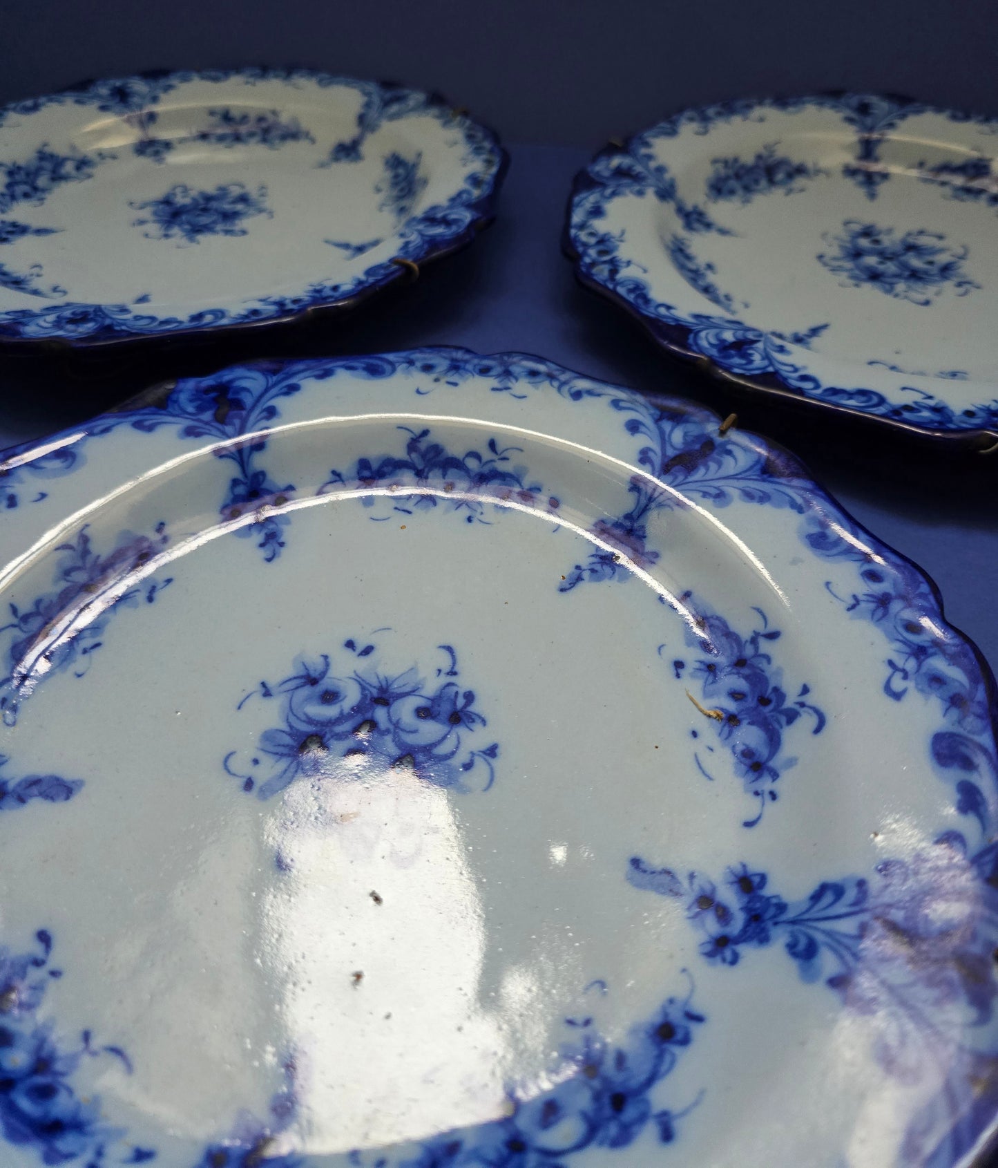 Set of 3 Antique Portuguese Hand-Painted Blue & White Plates