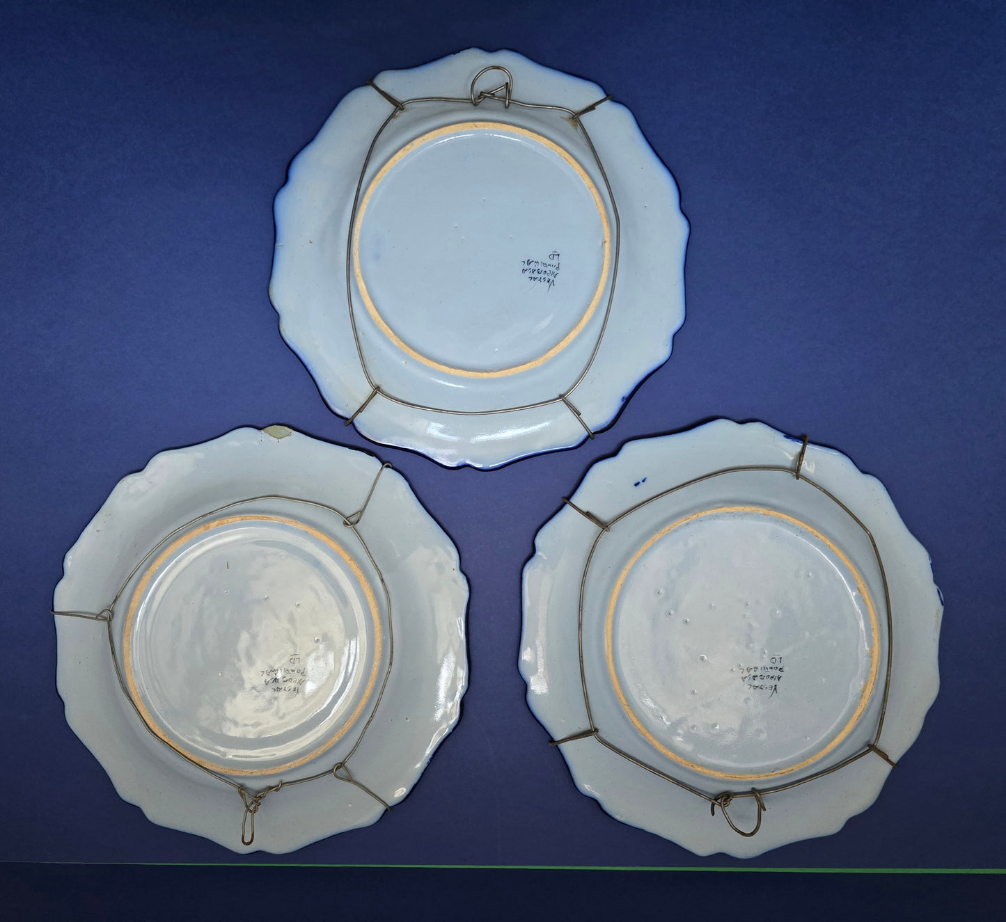 Set of 3 Antique Portuguese Hand-Painted Blue & White Plates