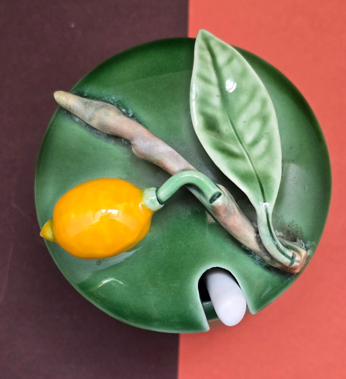 Casa Pupo Vintage Green Majolica Sugar Pot with Lemon Lid & Spoon – Portugal, 1970s