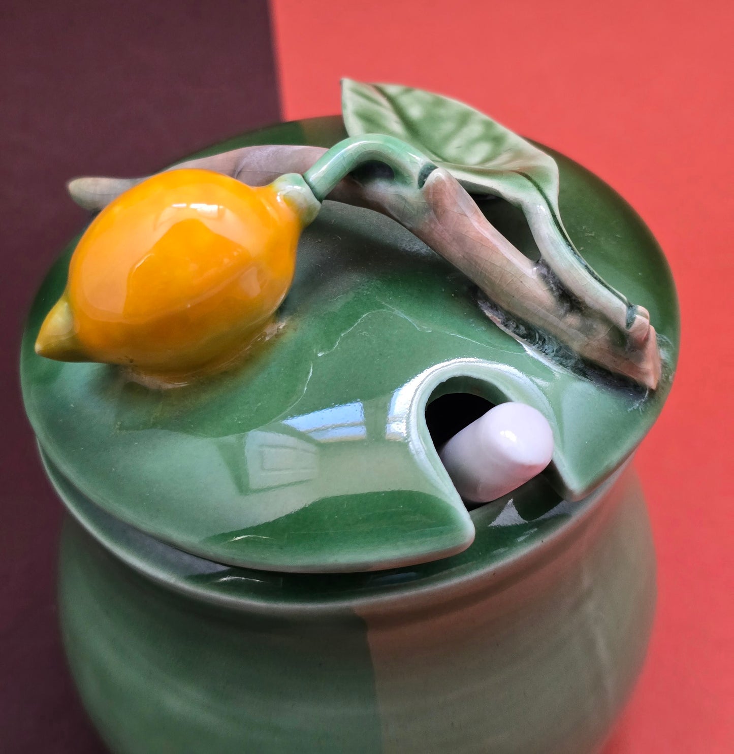 Casa Pupo Vintage Green Majolica Sugar Pot with Lemon Lid & Spoon – Portugal, 1970s