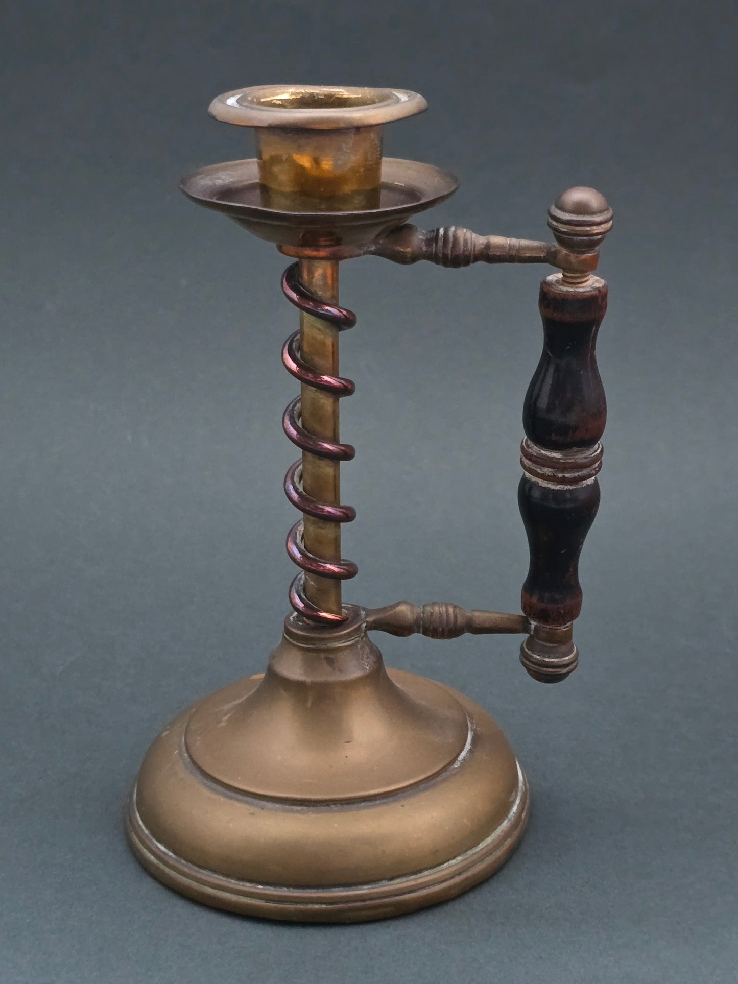 Victorian Brass Push-Up Candlestick with Wooden Handle – c.1880
