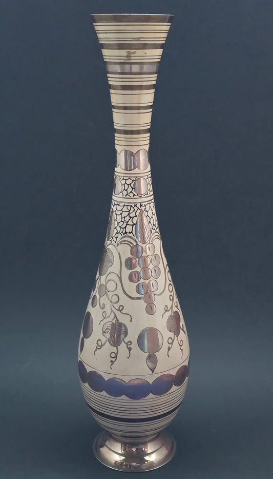 Art Nouveau White Enamel Vase with Silver Metal Overlay – Bohemian, c.1900