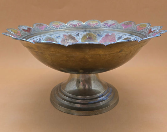 Vintage Indian Copper Fruit Bowl with Enamel Floral Decor