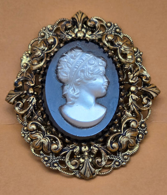 Vintage German Cameo Brooch with Frosted Glass on Mirror & Filigree Frame