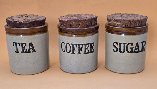 Moira Farmhouse Stoneware Tea Coffee Sugar Canister Set of 3 — England, 1970s