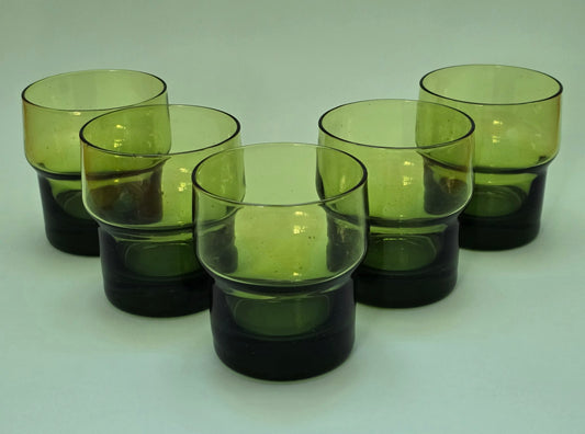 Vintage Olive Green Glass Tumbler Set of 5 — Scandinavian Style, 1970s