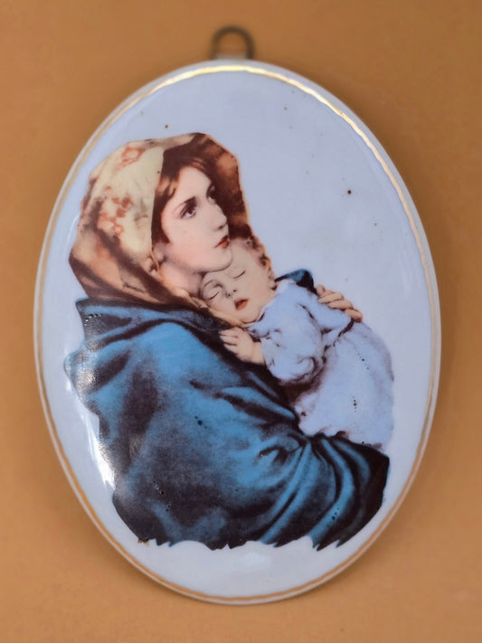 Vintage Porcelain Madonna & Child Wall Plaque — Oval Devotional, 1950s