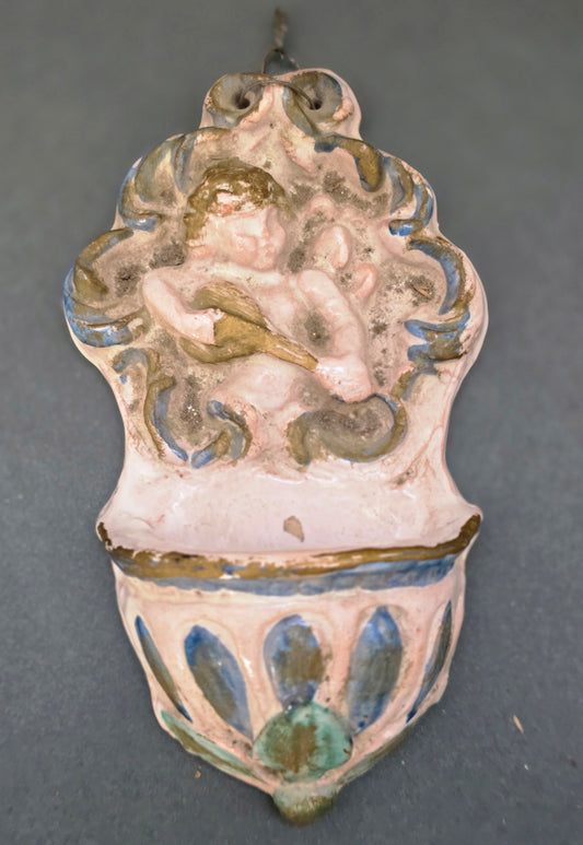 Antique Italian Terracotta Holy Water Font Bénitier — Cherub Relief, circa 1880