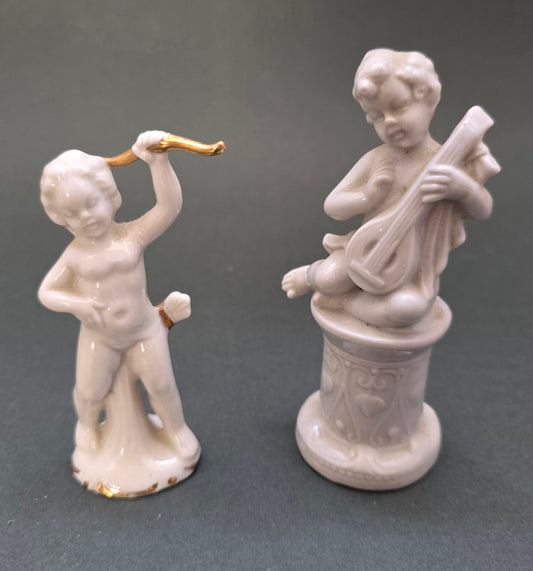 Vintage Porcelain Putti Set of 2 — Capodimonte Lute Player & Crowned Cupid, circa 1950