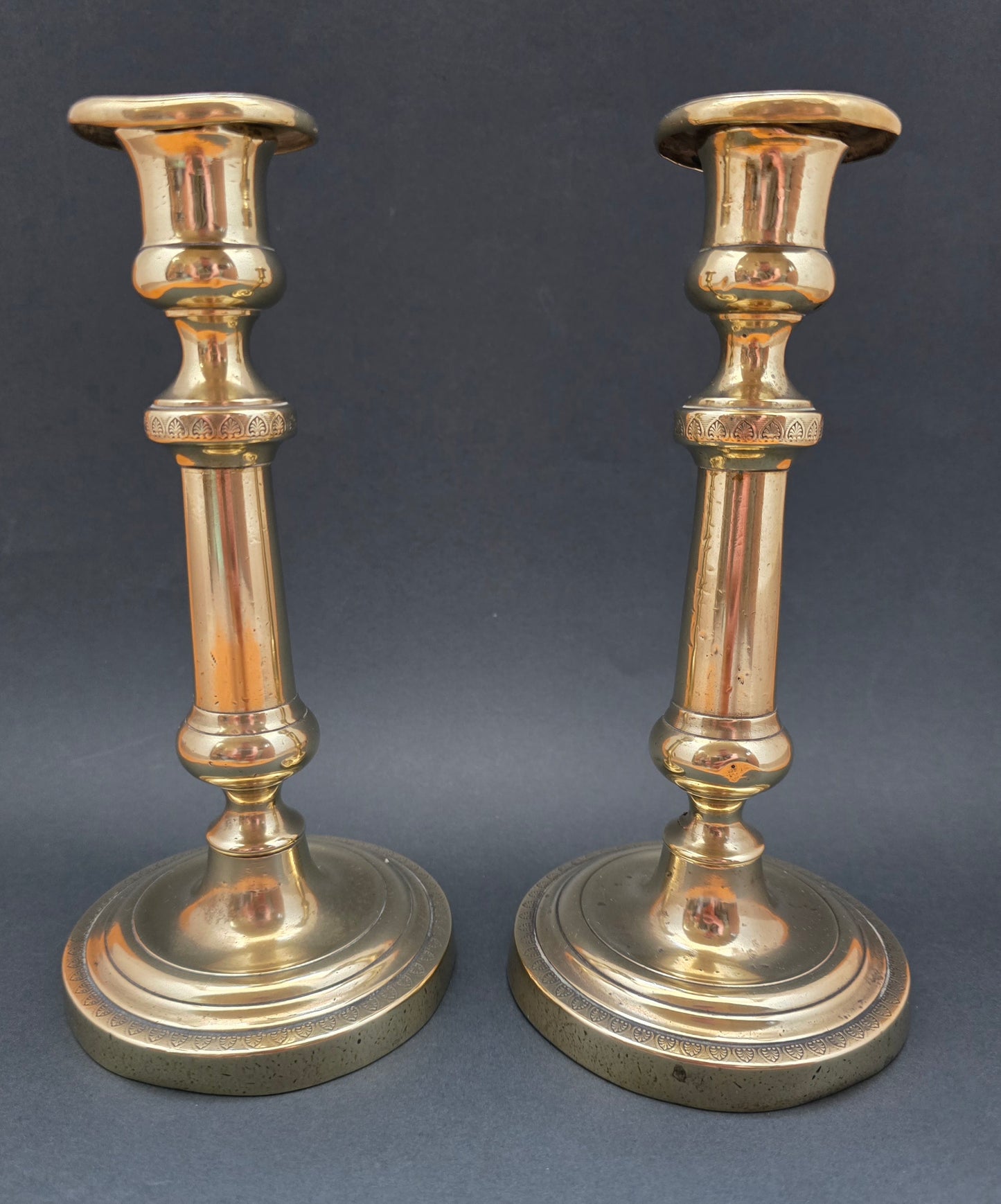 Antique Brass Candlesticks Set of 2 — Empire Style with Anthemion Detail, circa 1880