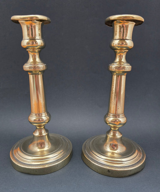 Antique Brass Candlesticks Set of 2 — Empire Style with Anthemion Detail, circa 1880