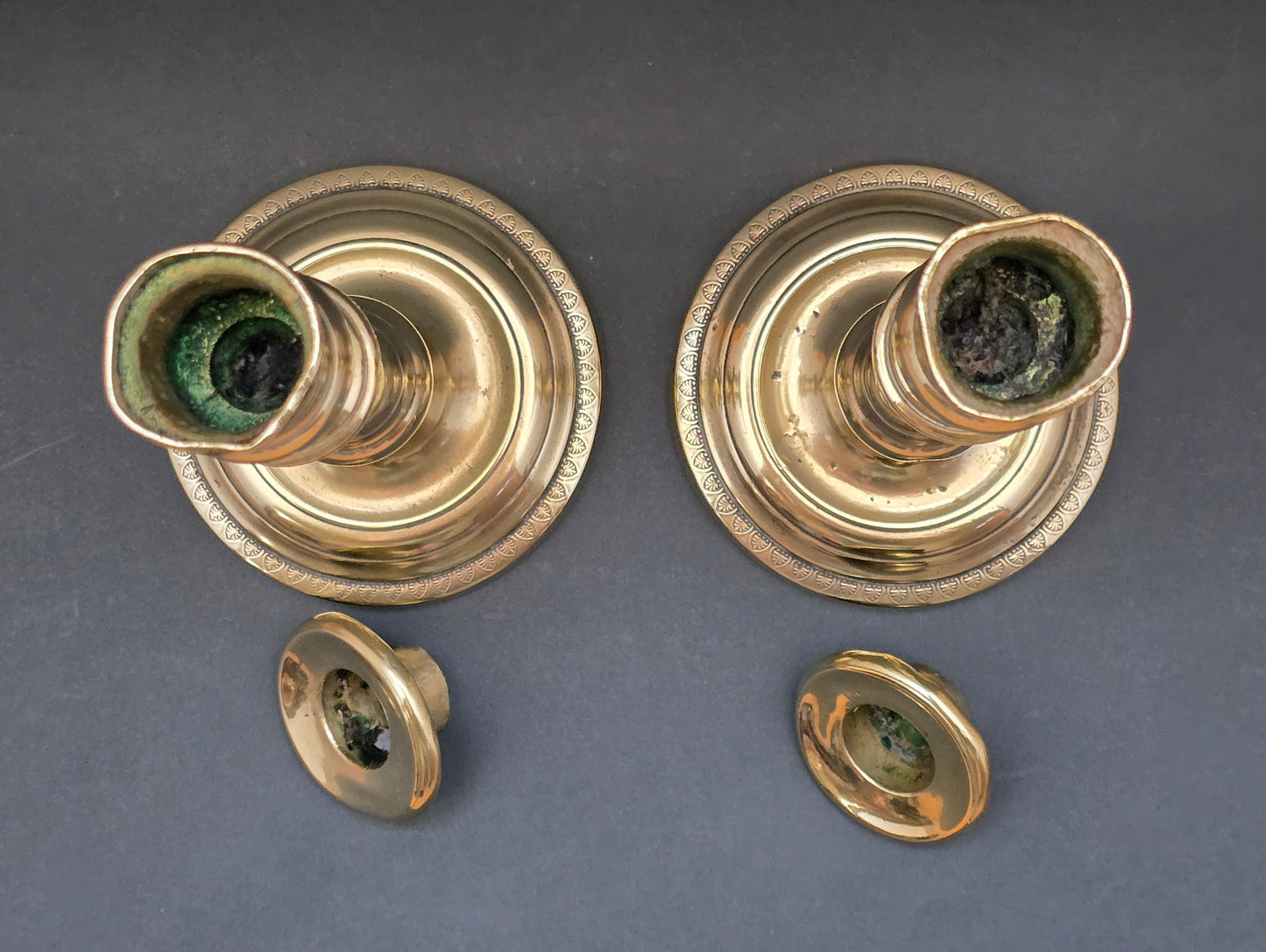 Antique Brass Candlesticks Set of 2 — Empire Style with Anthemion Detail, circa 1880