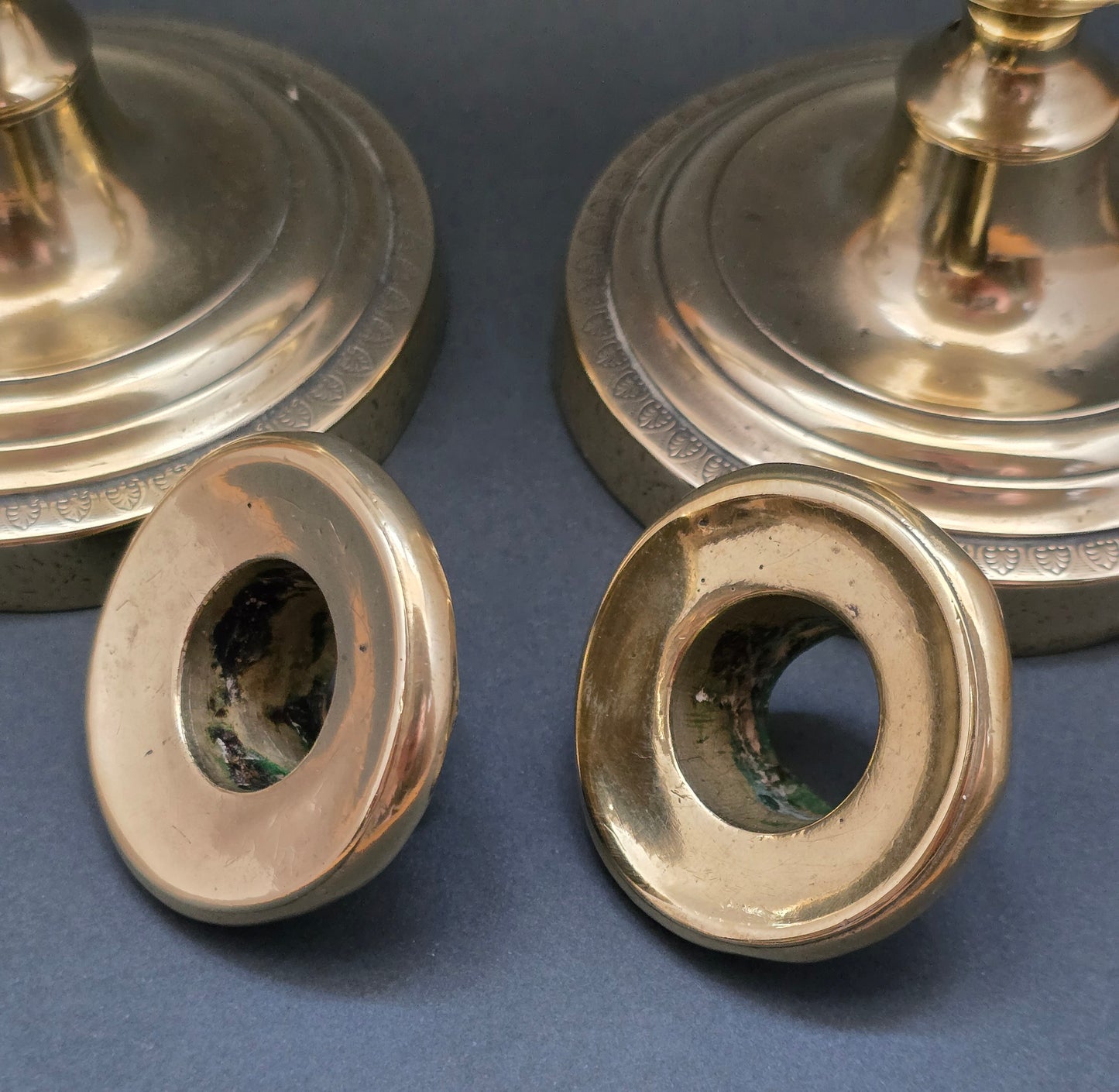 Antique Brass Candlesticks Set of 2 — Empire Style with Anthemion Detail, circa 1880