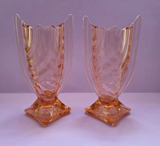 Josef Inwald Barolac Art Deco Winged Vase – Rosaline Glass, Set of Two, c.1930s Bohemia