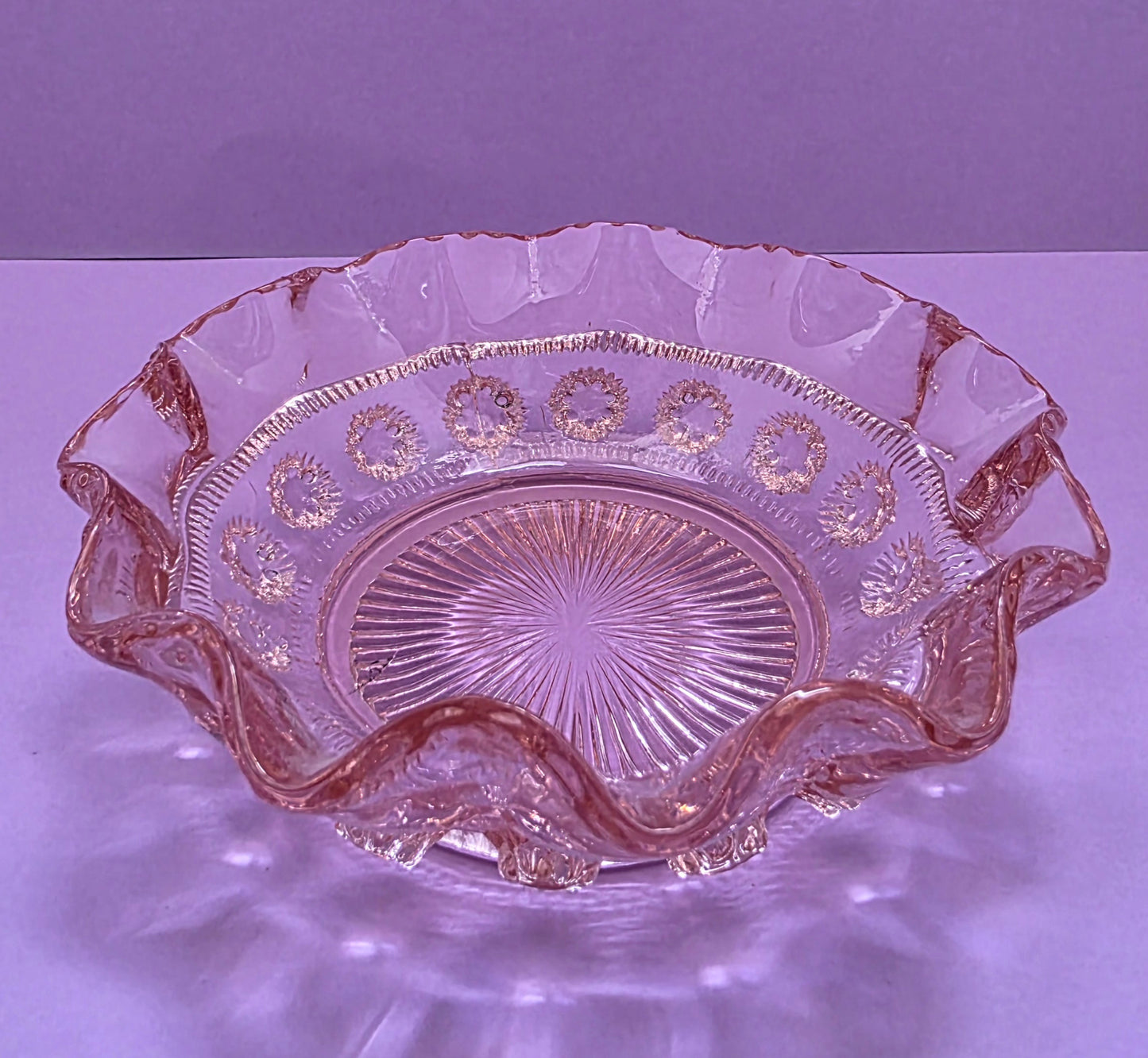 Art Deco Pink Glass Ruffled Bowl – Pressed Glass, c.1925