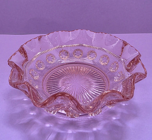 Art Deco Pink Glass Ruffled Bowl – Pressed Glass, c.1925