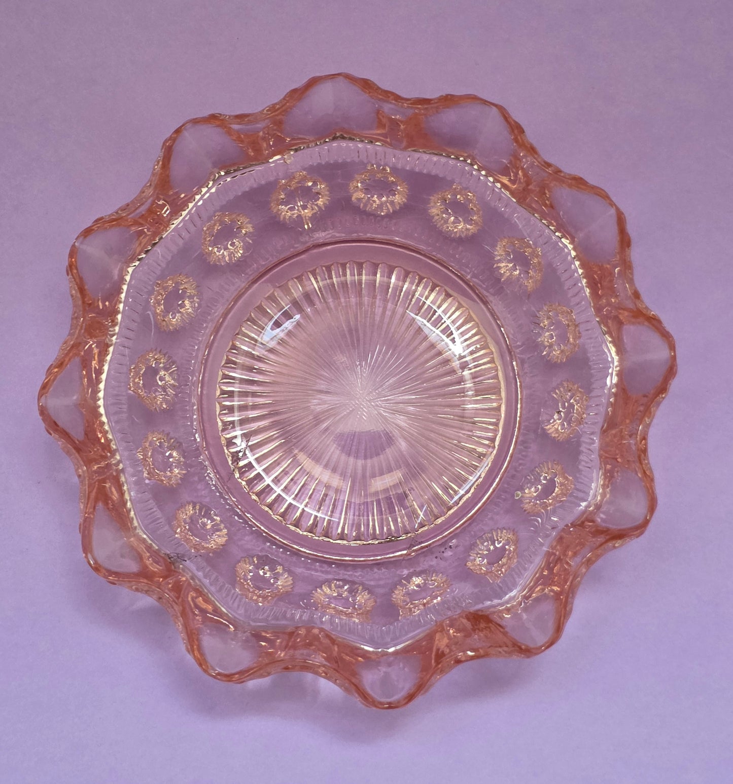 Art Deco Pink Glass Ruffled Bowl – Pressed Glass, c.1925
