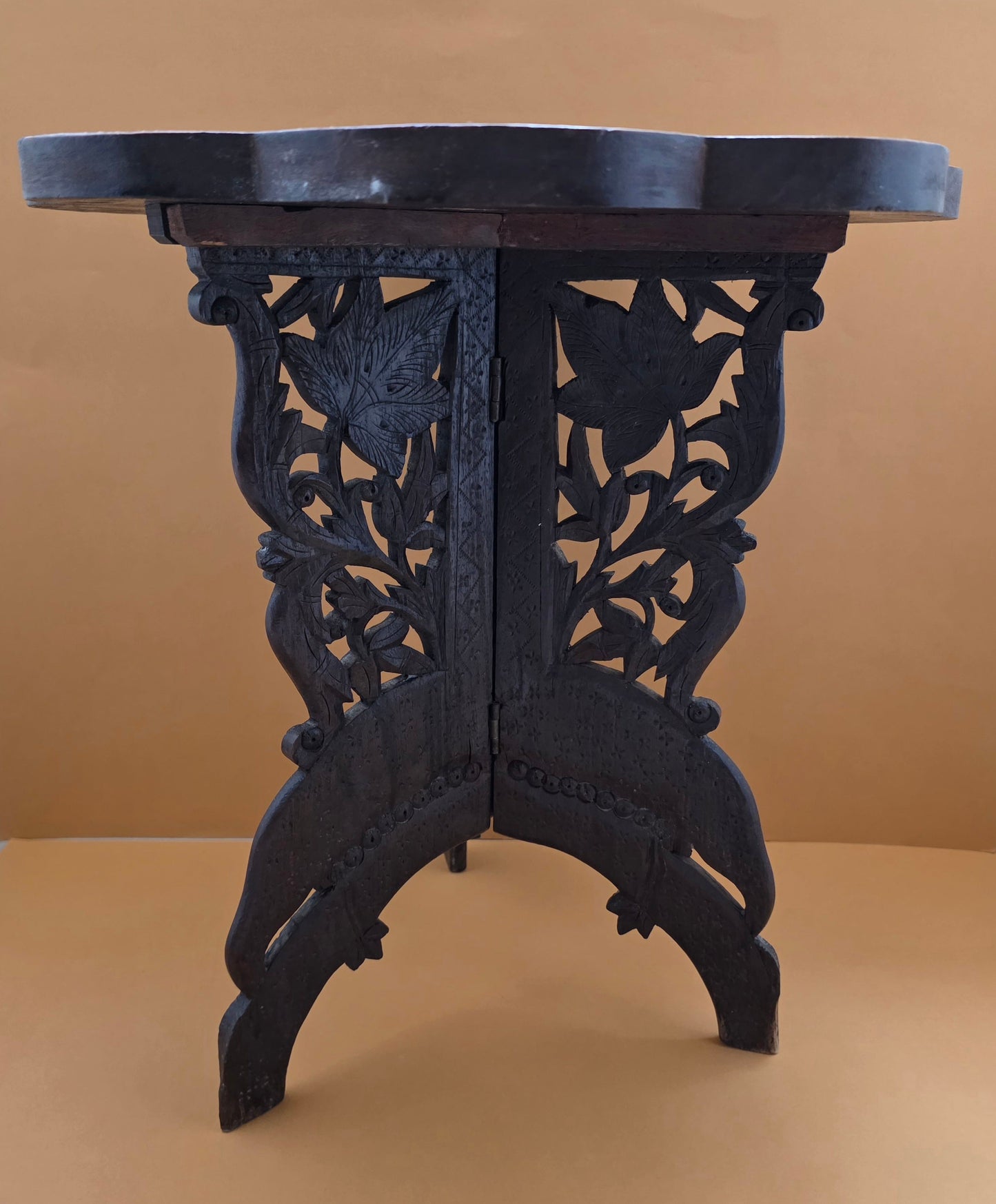Anglo-Indian carved folding table c.1900 – leg detail with birds and foliage