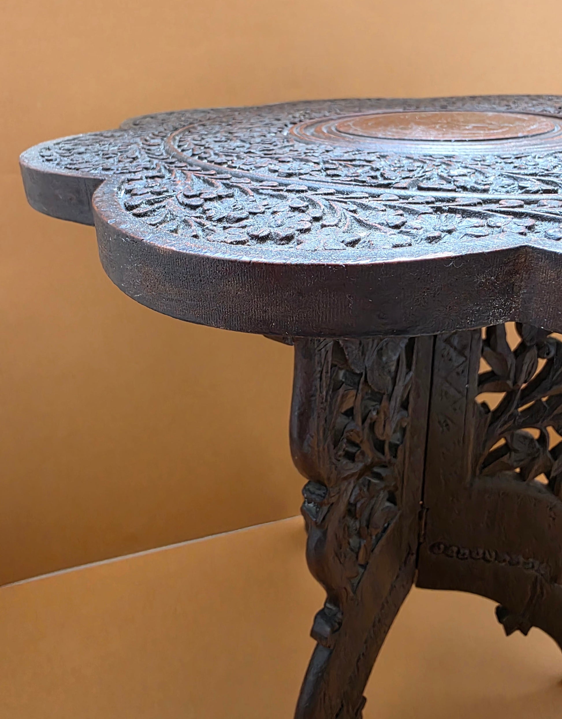 Anglo-Indian carved folding table c.1900 – full view folded