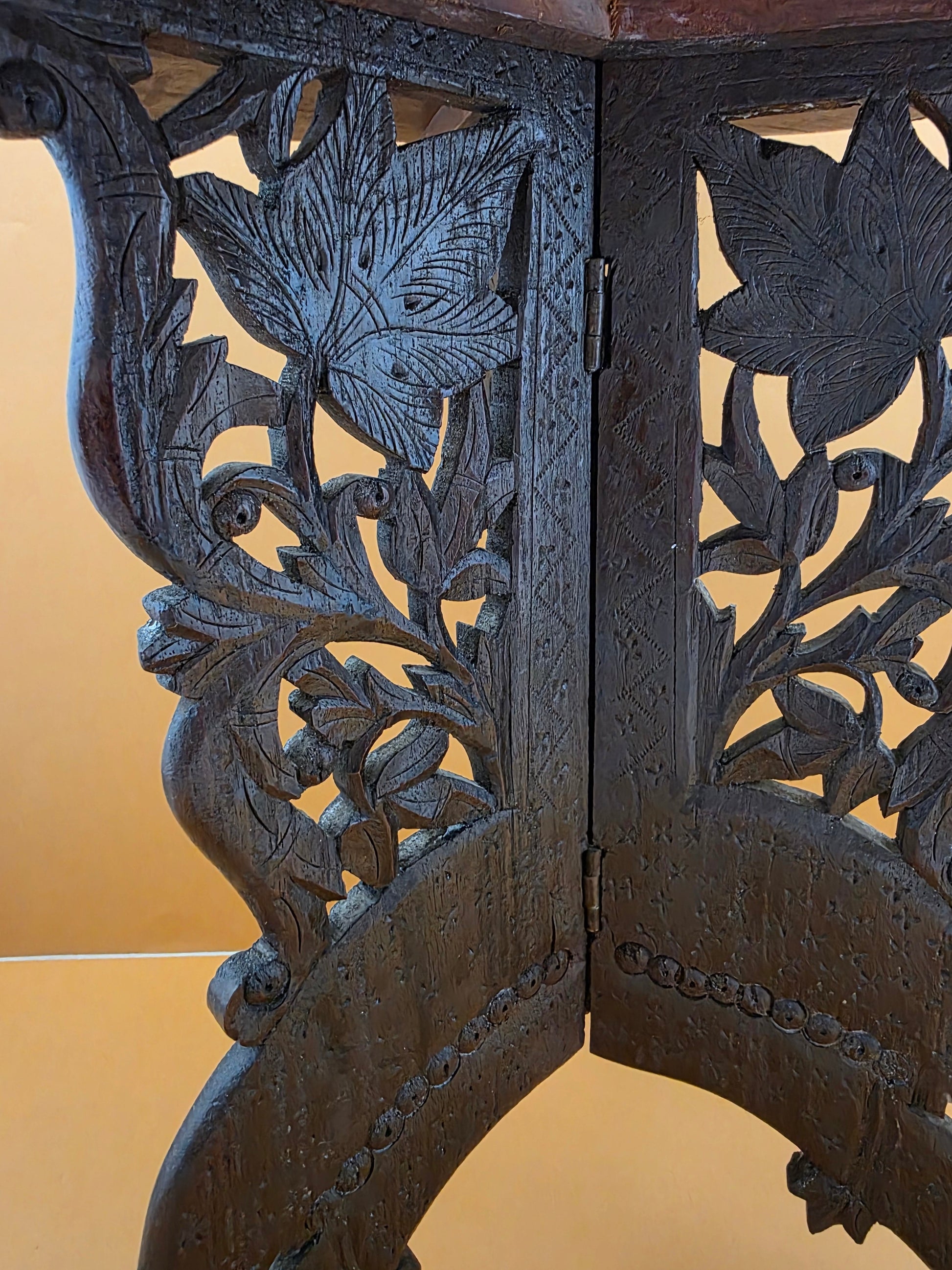 Anglo-Indian carved folding table c.1900 – side panel detail