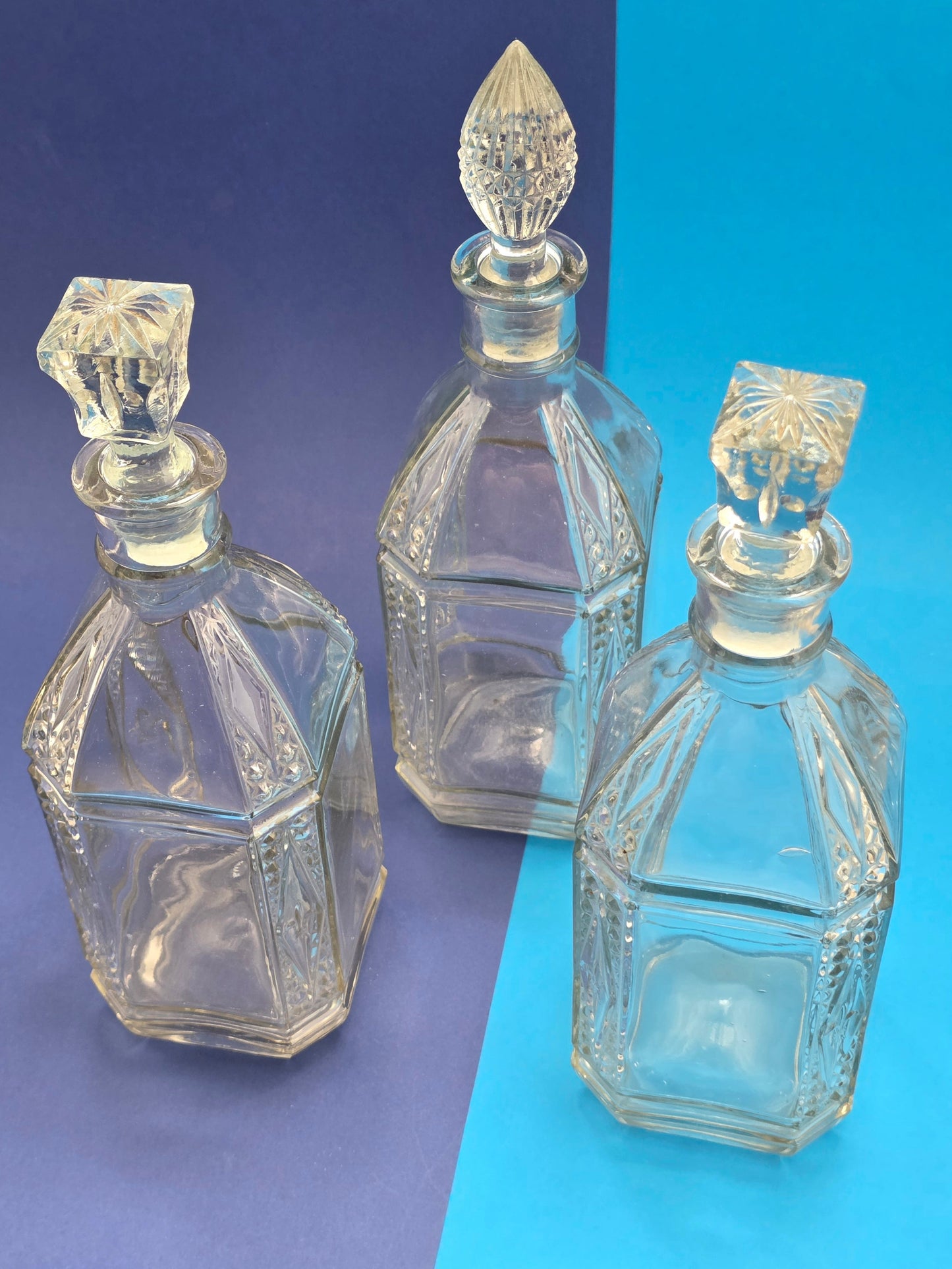 English pressed glass decanter c.1928 – octagonal base with patent number