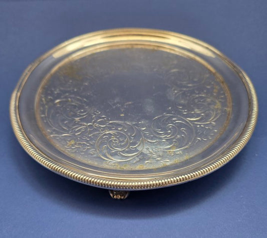 Victorian silver-plated salver by Hawksworth Eyre & Co – side view showing lion-paw feet and gadroon border