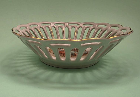 Moschendorf reticulated porcelain basket bowl – side view showing pierced lattice rim and gold banding
