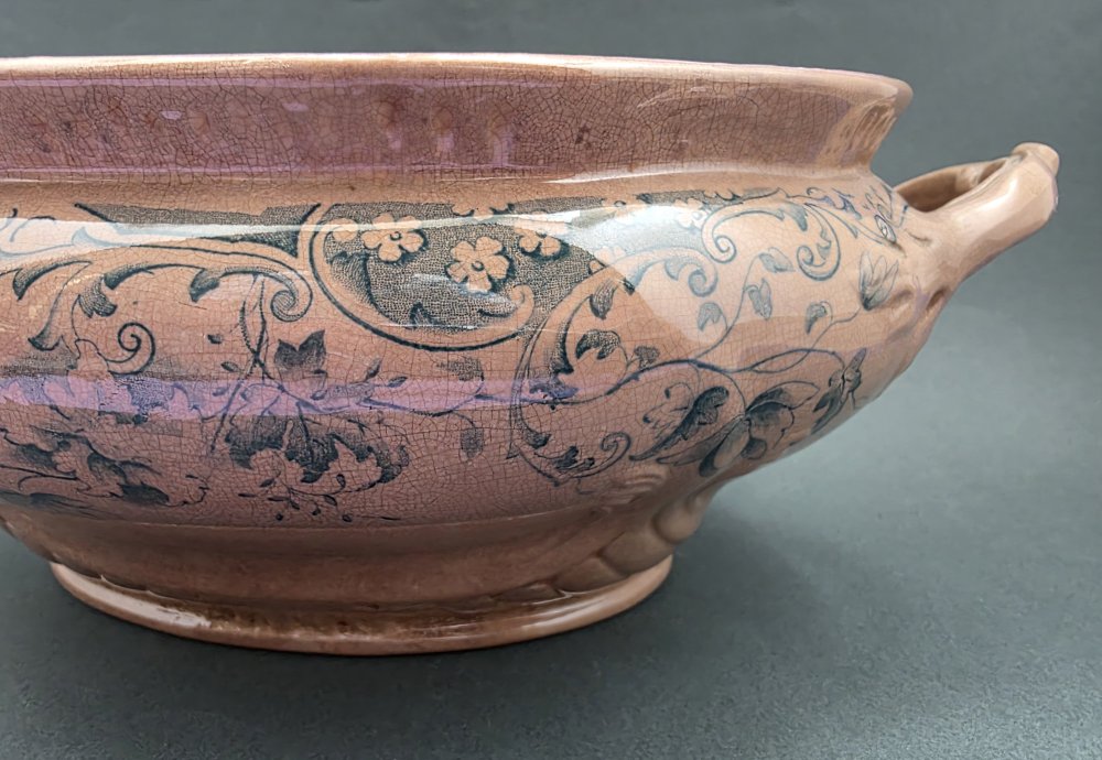 Richmond terrine – side detail showing blue floral and acanthus scroll decoration with handle