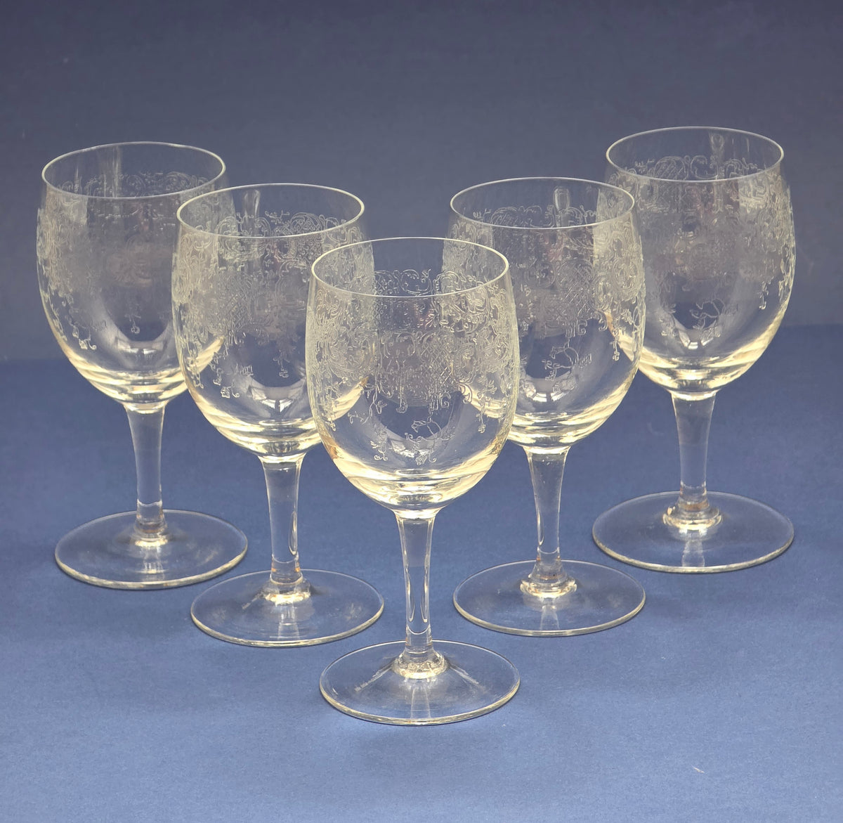 Set of 5 Antique Engraved Wine Glasses, circa 1900