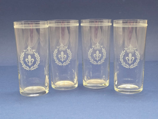 Set of 4 Vintage Engraved Highball Glasses with Fleur-de-Lis Crest, 1960s