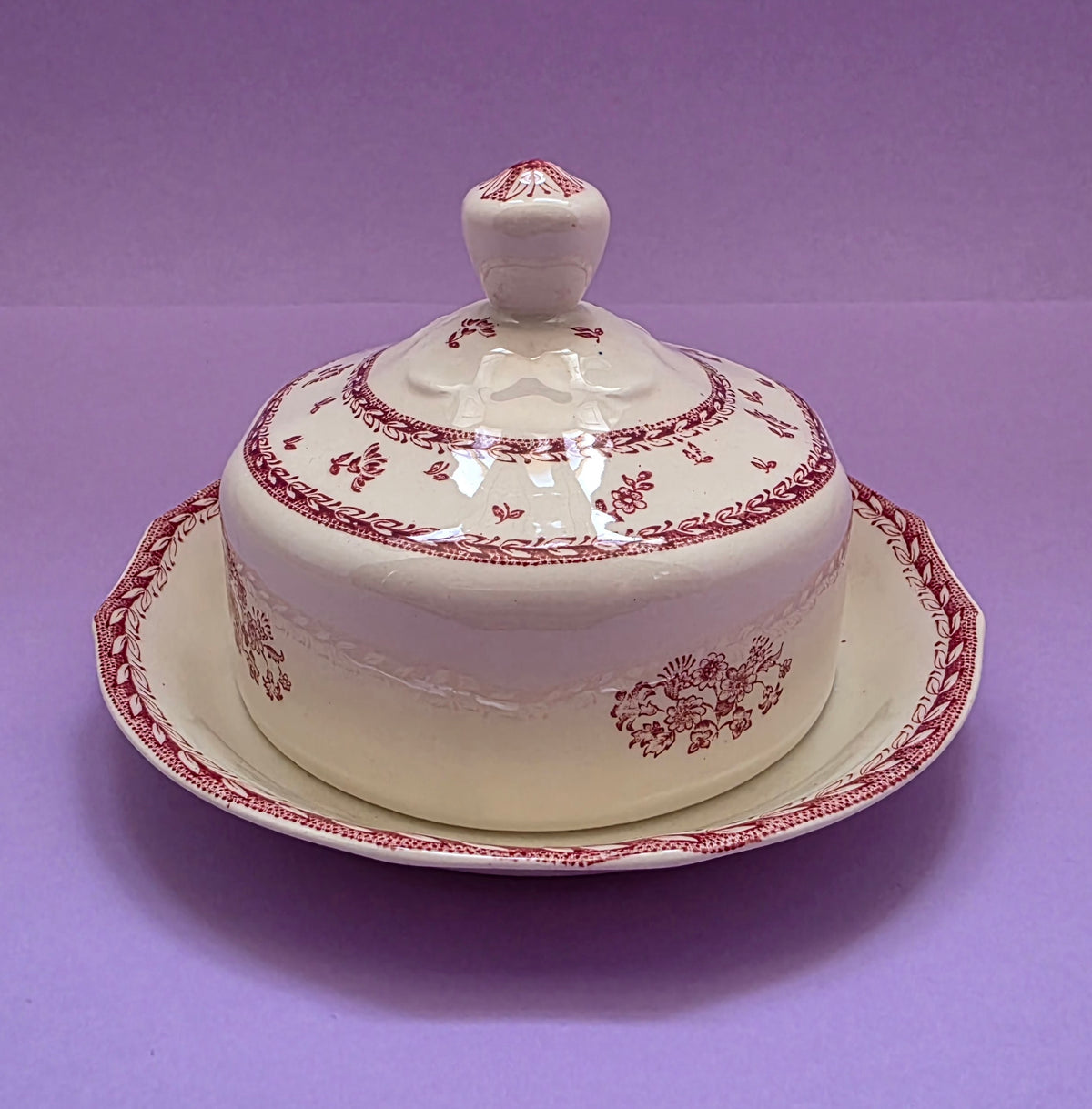 Vintage Arabia Burgundy Floral Covered Butter Dish | c. 1935