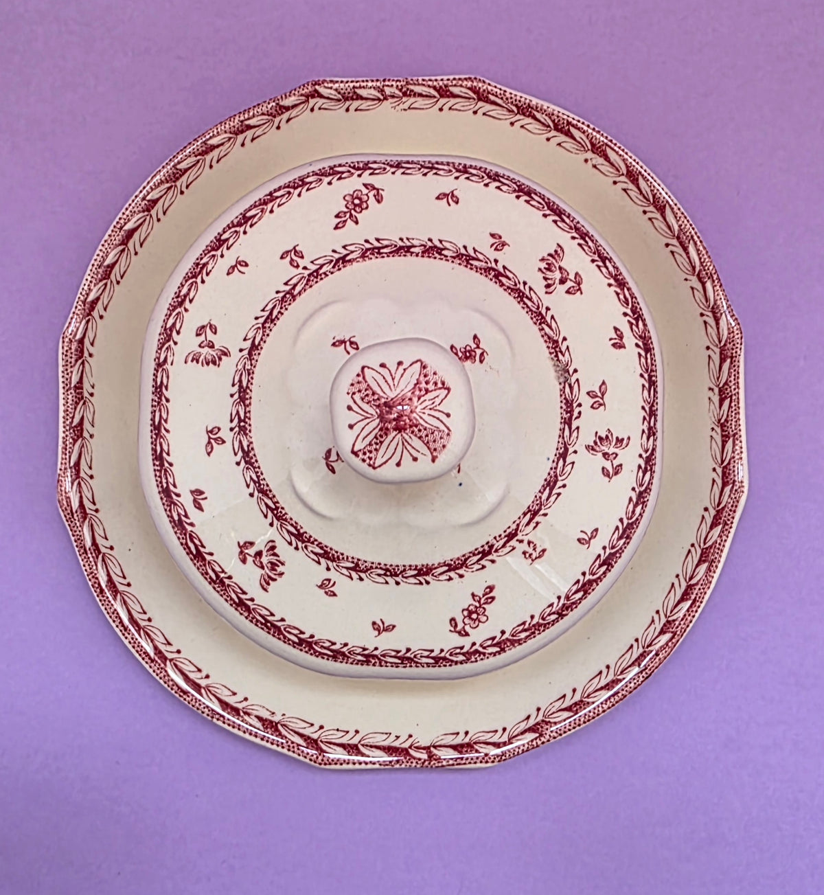 Vintage Arabia Burgundy Floral Covered Butter Dish | c. 1935