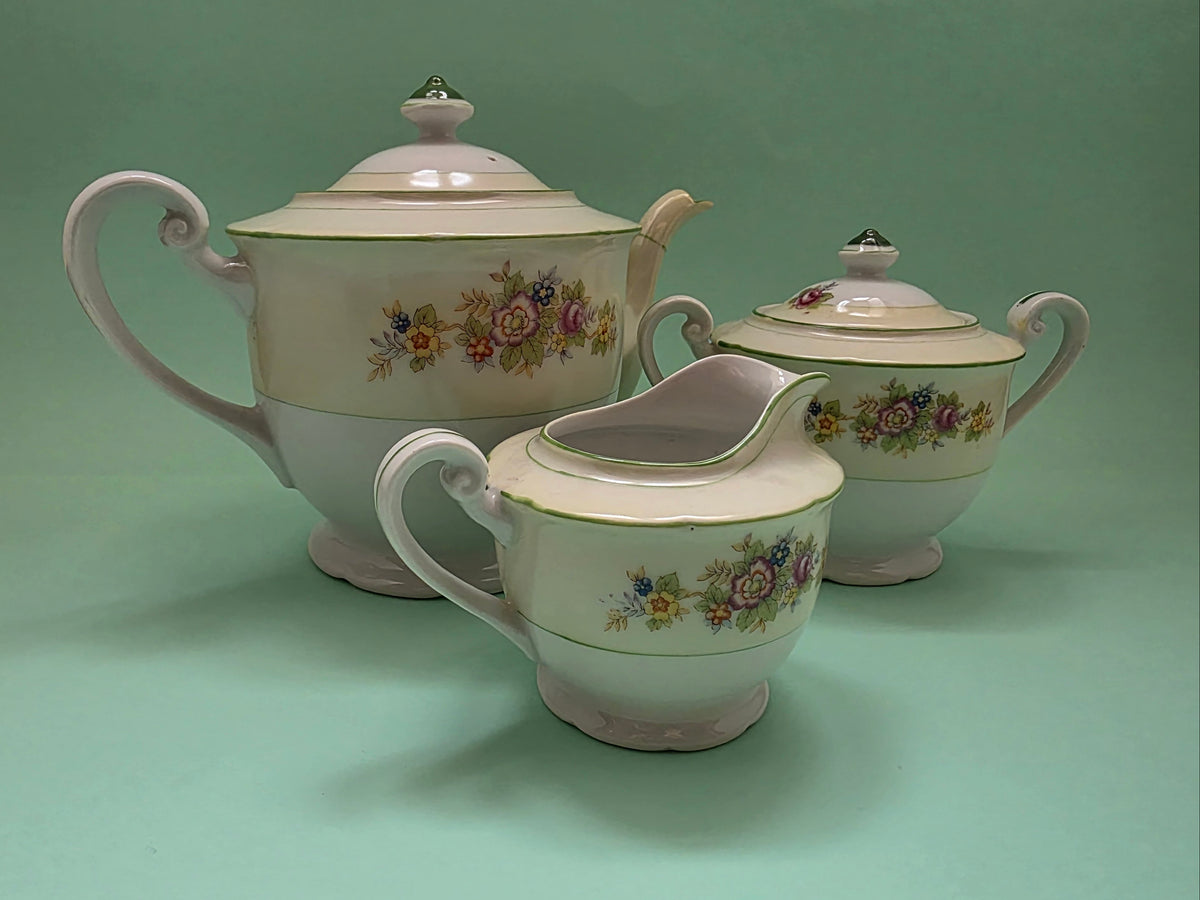 Vintage Chikaramachi Floral Teapot, Milk Jug & Sugar Bowl Set | c. 1930