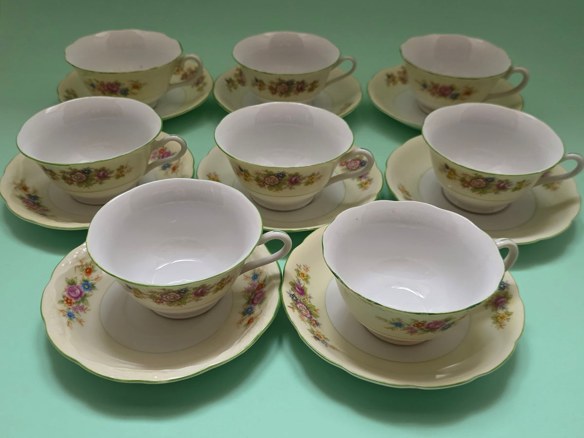 Vintage Chikaramachi Floral Cups & Saucers, Set of 8 | c. 1930