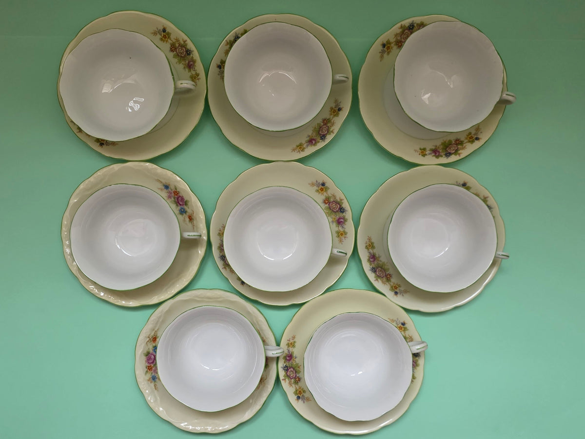 Vintage Chikaramachi Floral Cups & Saucers, Set of 8 | c. 1930