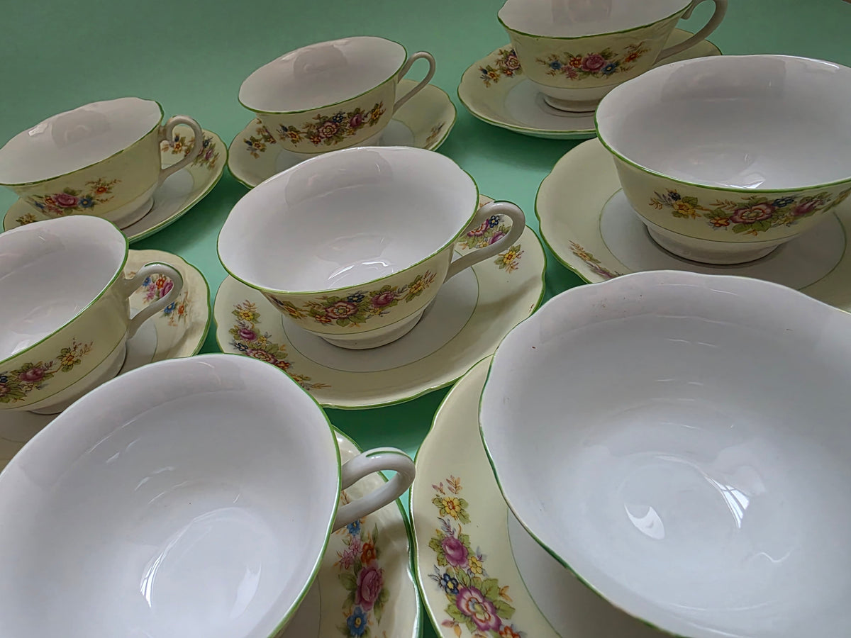 Vintage Chikaramachi Floral Cups & Saucers, Set of 8 | c. 1930