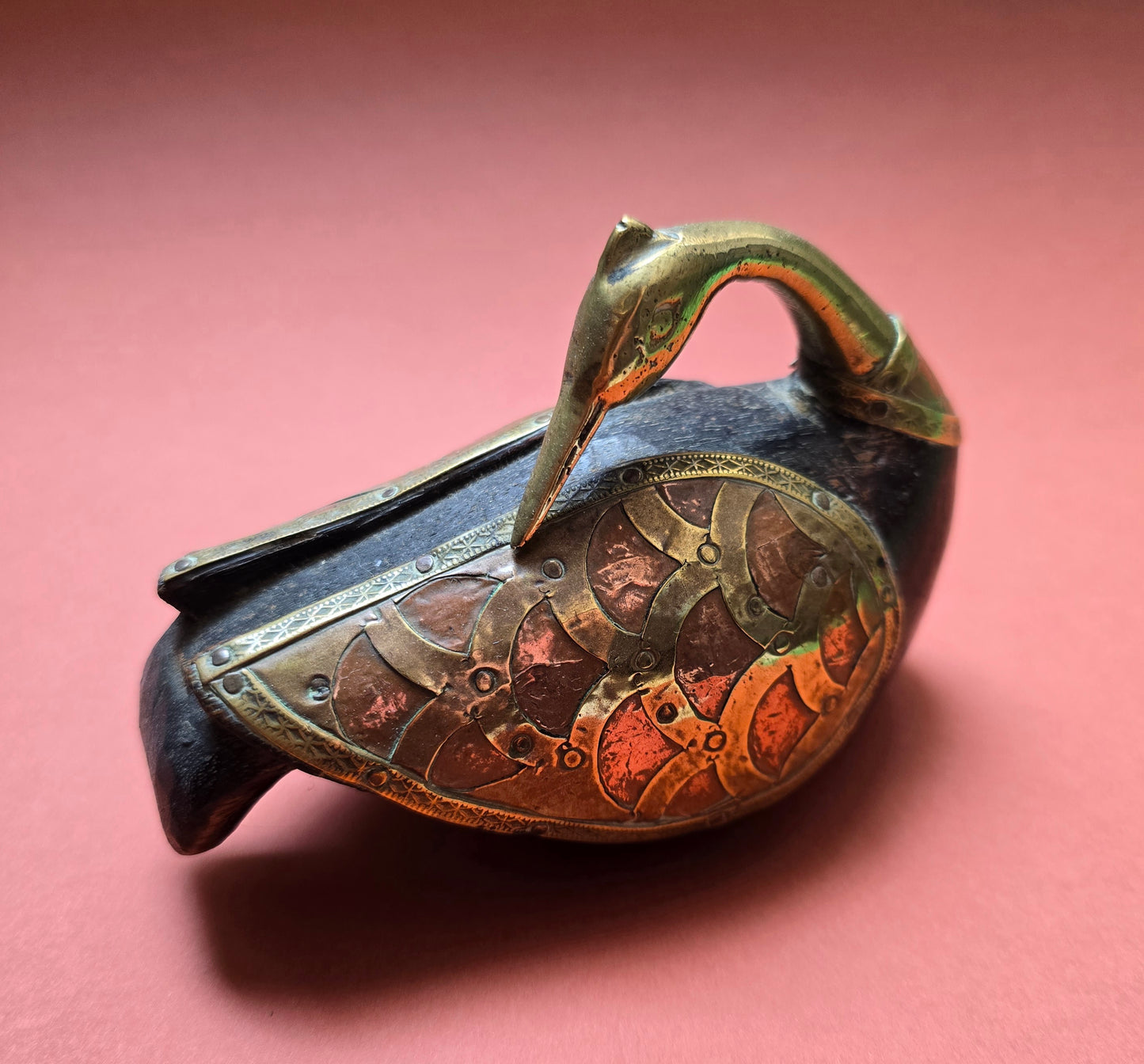 Indian Wooden Swan Figurine with Brass & Copper Inlay – Rajasthan, c.1880–1910